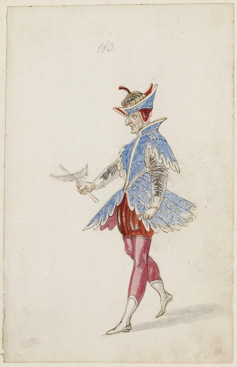Mieshahmo sinisen ja punaisen puvussa Ballet des quatre saisons de lAnneesta, 1626 (ruskea muste, wc ja metallimaali mustan liidun alapiirroksen päällä paperille) tekijältä Daniel Rabel
