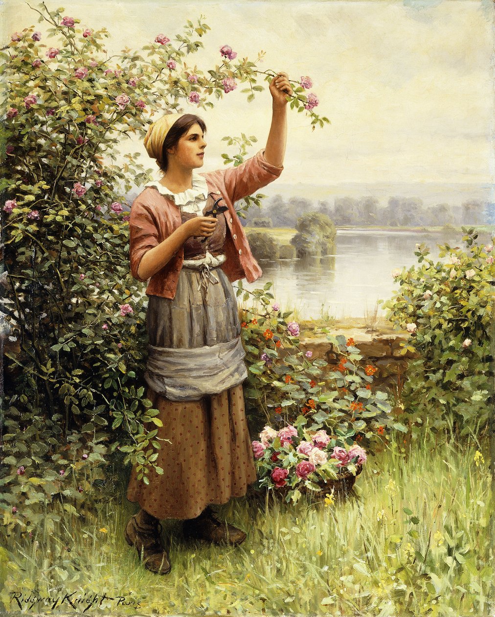 Ruusujen leikkaaminen Seinen varrella, tekijältä Daniel Ridgway Knight