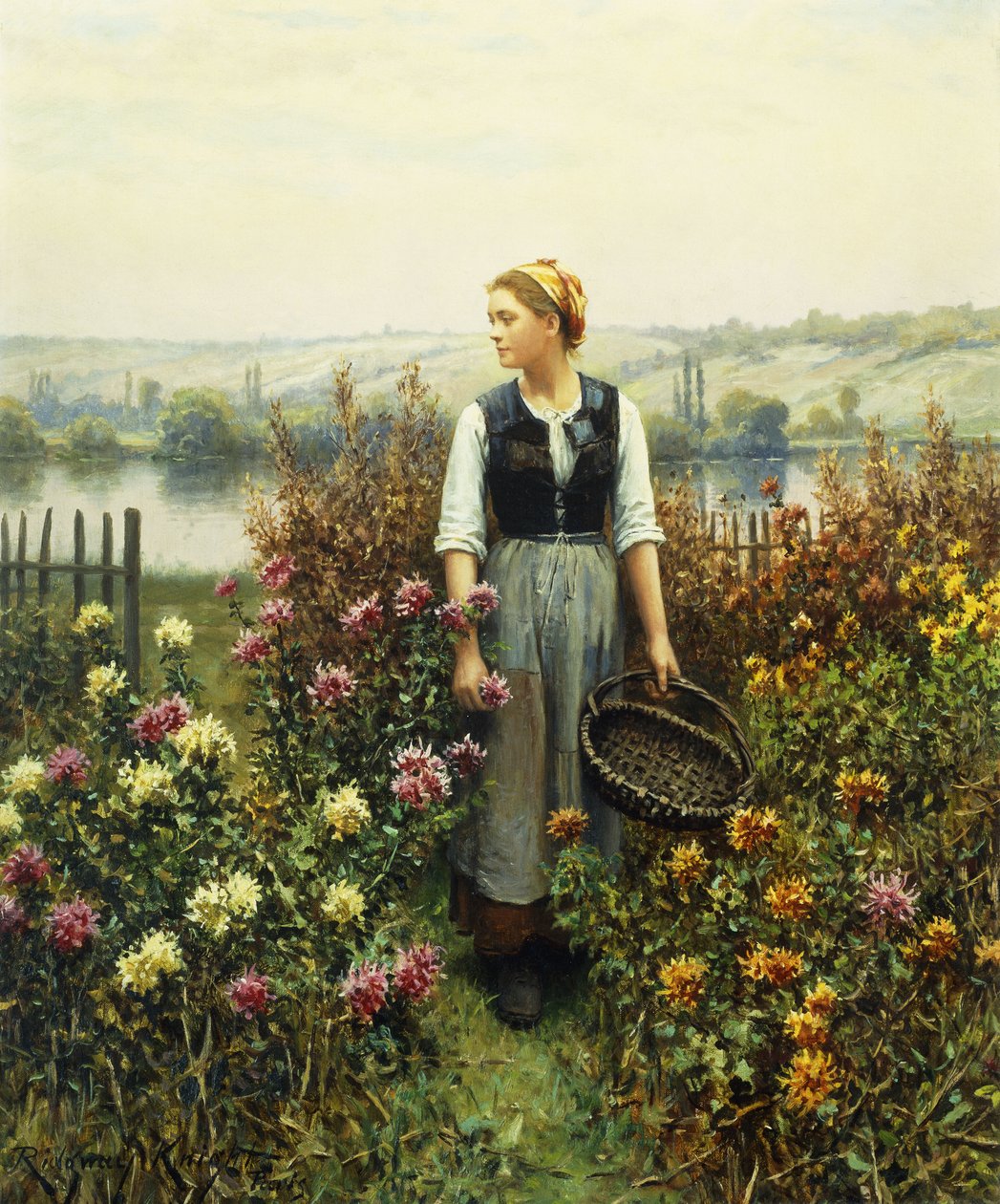 Tyttö koriin puutarhassa, tekijältä Daniel Ridgway Knight