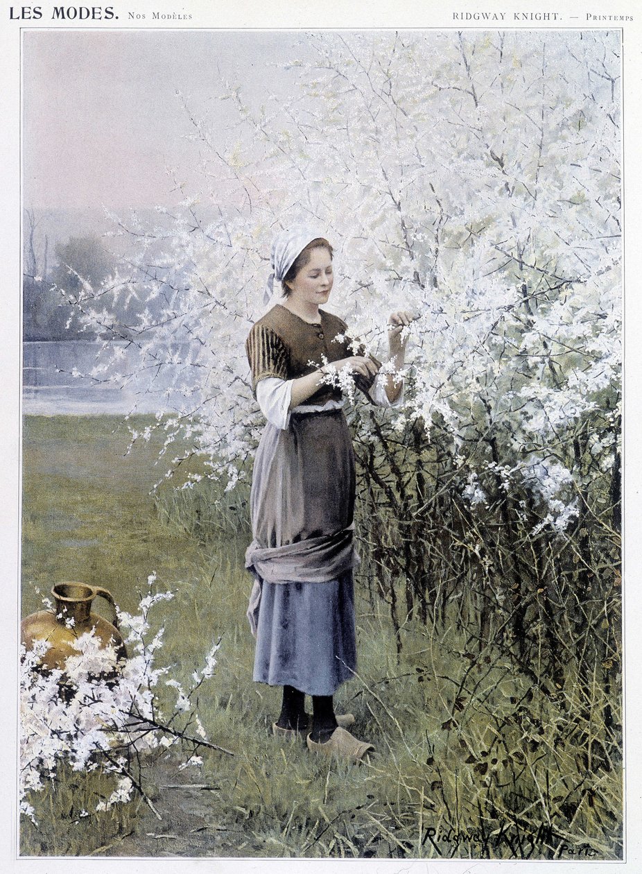 Kevät: Nainen kerää kukkia - sairas. kirjoittanut R. Knight, c. 1905 tekijältä Daniel Ridgway Knight