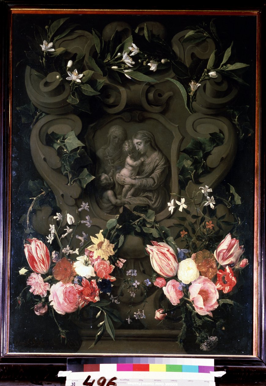 Madonna ja lapsi, Pyhä Elisabeth ja Johannes Kastaja lapsena kukkaseppeleessä. Daniel Seghersin (1590-1661) maalaus. Öljy kuparille, 84 x 61 cm tekijältä Daniel Seghers