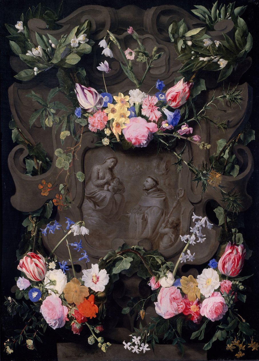 Pyhän Bernardin ihme kukkien seppeleessä, 1645-1655 tekijältä Daniel Seghers