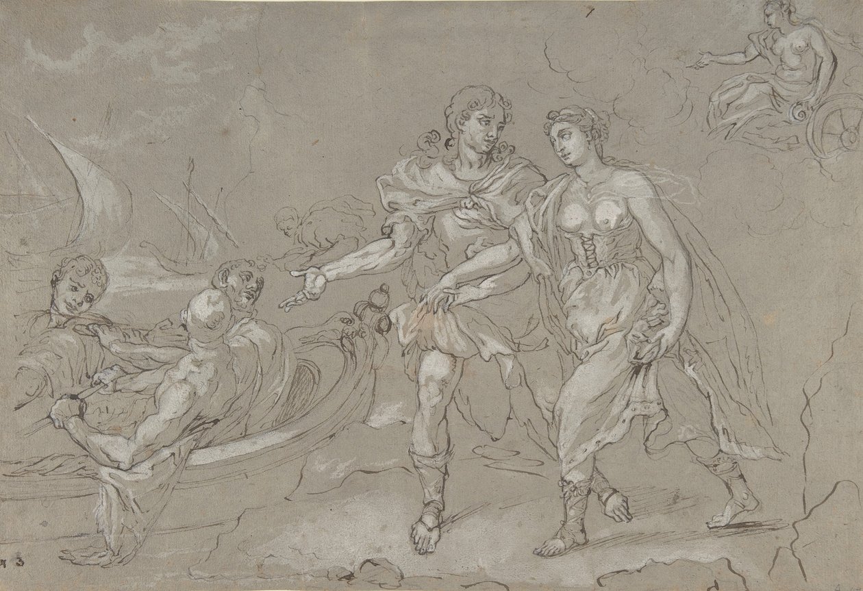 Helenan raiskaus, verso: Tutkimus polvistuvasta alaston mieshahmosta, 1600-1700-luvun loppu. tekijältä Daniel Seiter