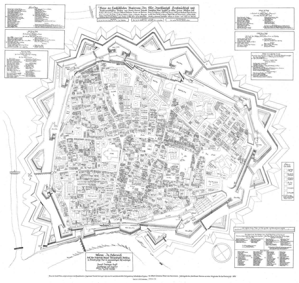 Grundrissplan der Stadt Wien mit Stand von 1683, Ausrichtung nach Südwesten, tiedot 11. joulukuuta 1684 tekijältä Daniel Suttinger
