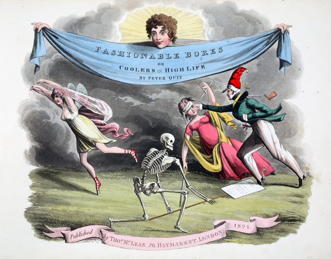 Peter Quizin "Fashionable Bores or Coolers in High Life" -kappaleen etuosa, pubi. Thomas McLean, Lontoo 1824 (käsinvärinen kaiverrus) tekijältä Daniel Thomas Egerton