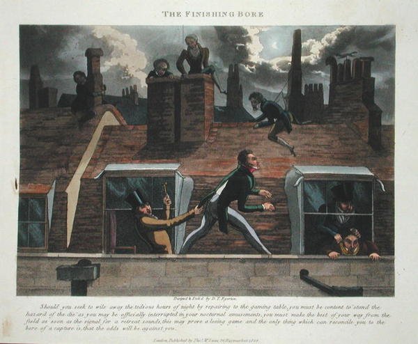 The Finishing Bore, kirjasta "Fashionable Bores, or Coolers in High Life, by Peter Quiz", julkaistu 1824 (käsinvärinen akvatinta) tekijältä Daniel Thomas Egerton