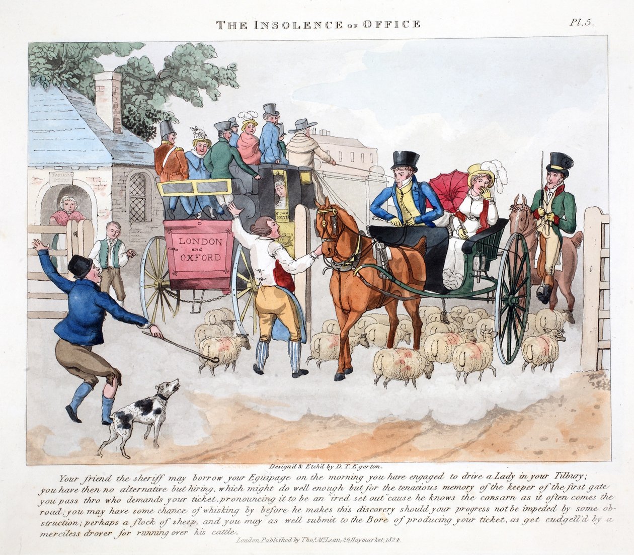 The Insolence of Office, kuvitus Peter Quizin julkaisusta Fashionable Bores or Coolers in High Life, pub. Thomas McLean, Lontoo 1824 (käsinvärinen kaiverrus) tekijältä Daniel Thomas Egerton