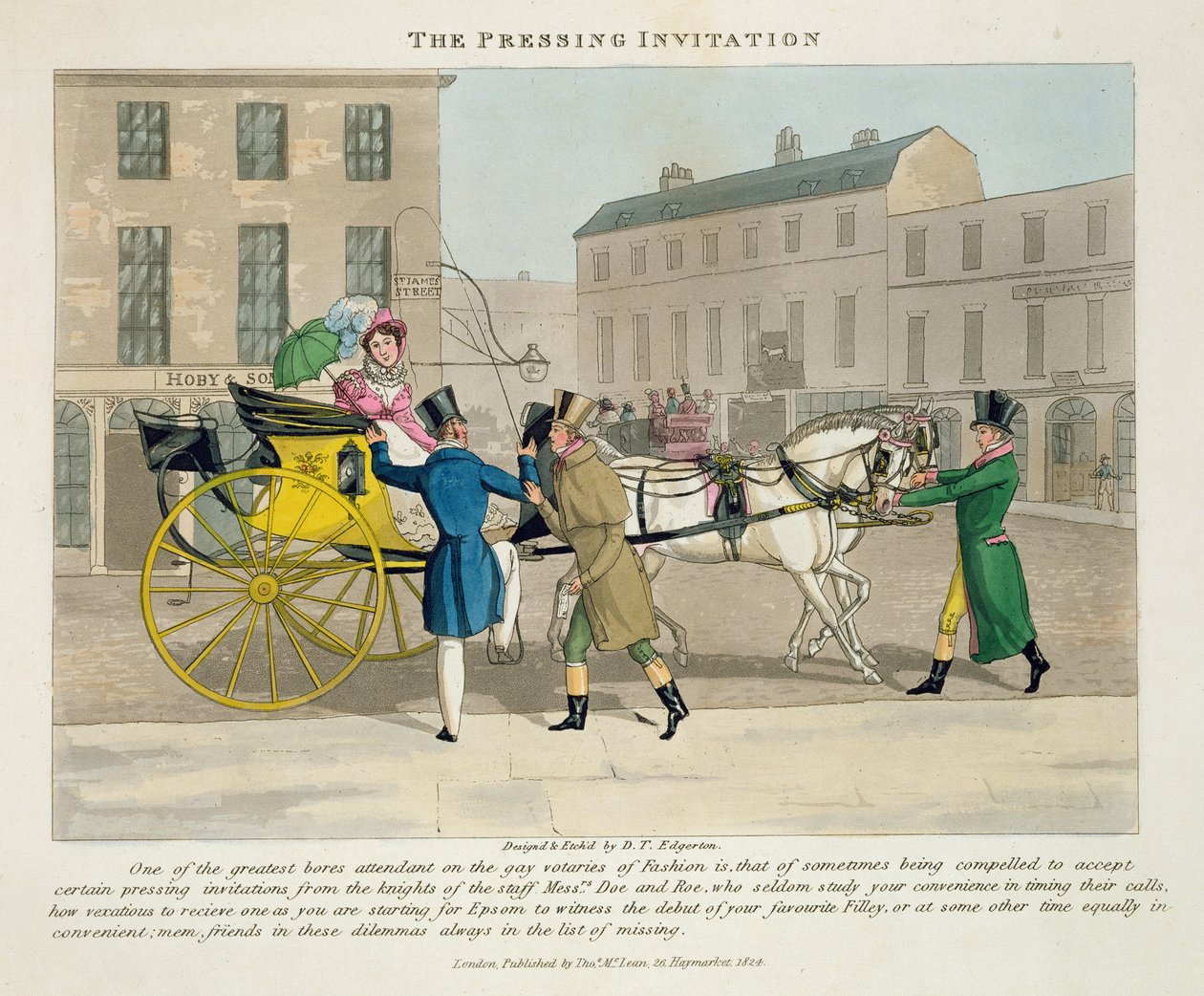 The Pressing Invitation, kirjasta "Fashionable Bores, or Coolers in High Life, by Peter Quiz", julkaistu 1824 (käsinvärinen akvatinta) tekijältä Daniel Thomas Egerton