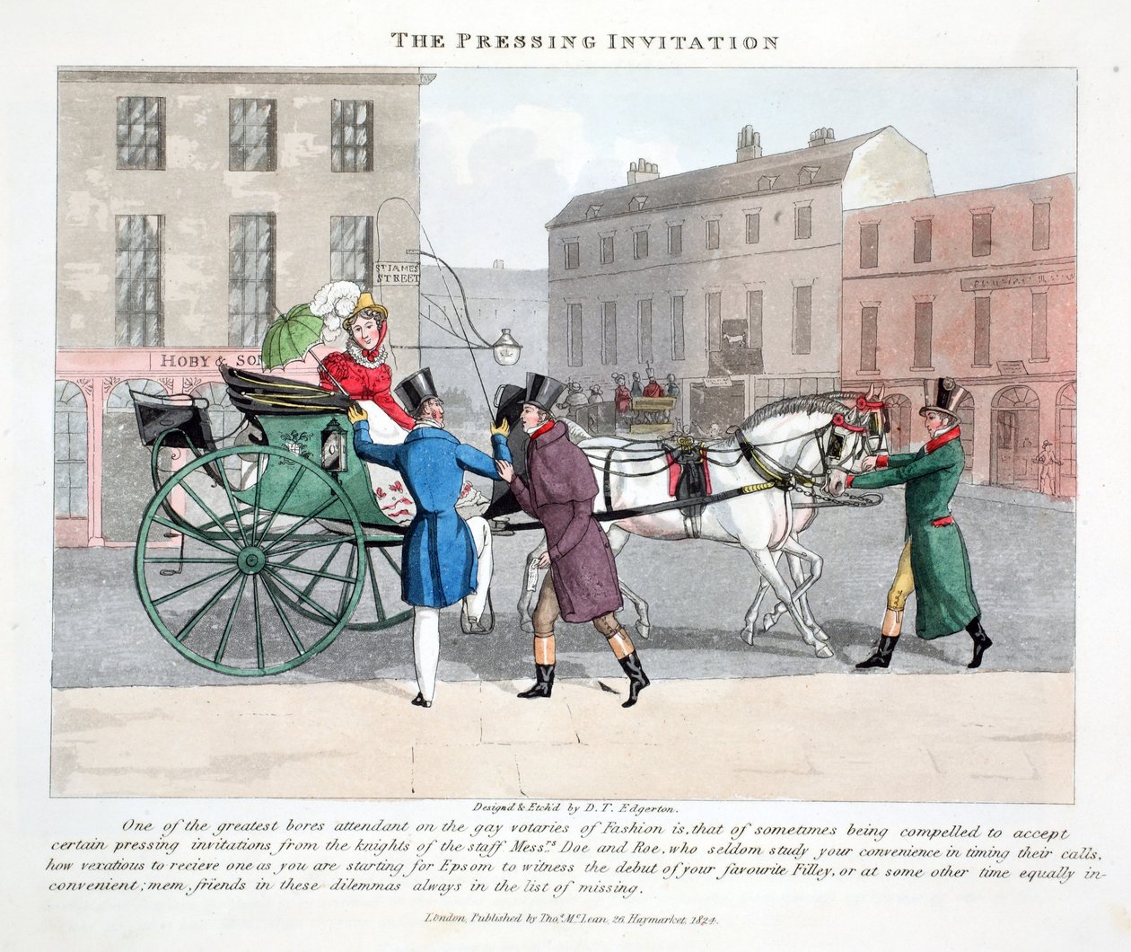 The Pressing Invitation, kuvitus artikkelista "Fashionable Bores or Coolers in High Life", kirjoittanut Peter Quiz, pubi. Thomas McLean, Lontoo 1824 (käsinvärinen kaiverrus) tekijältä Daniel Thomas Egerton