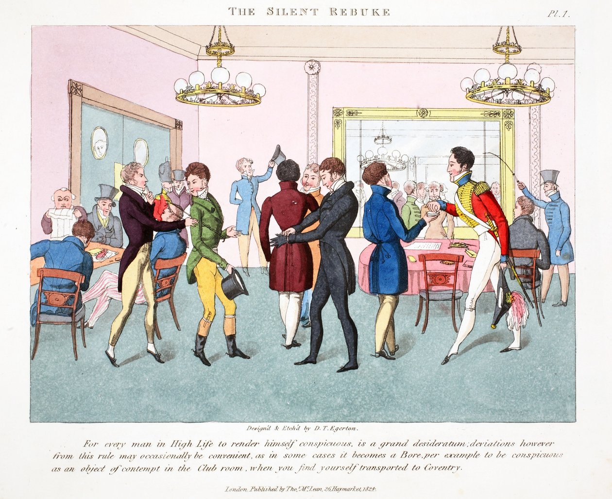 The Silent Rebuke, kuvitus Peter Quizin julkaisusta Fashionable Bores or Coolers in High Life, pubi. Thomas McLean, Lontoo 1824 (käsinvärinen kaiverrus) tekijältä Daniel Thomas Egerton