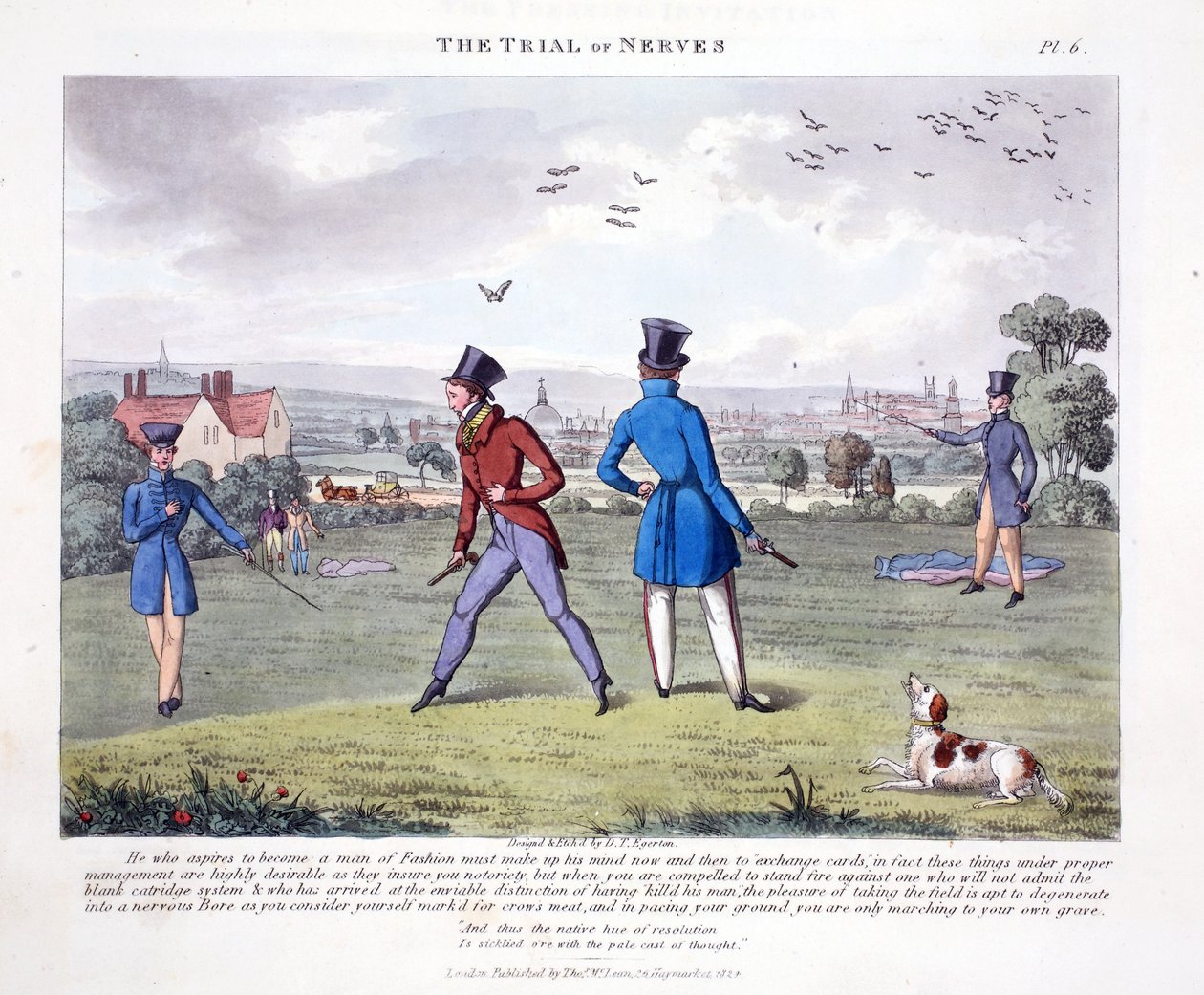 The Trial of Nerves, kuvitus artikkelista "Fashionable Bores or Coolers in High Life", kirjoittanut Peter Quiz, pubi. Thomas McLean, Lontoo 1824 (käsinvärinen kaiverrus) tekijältä Daniel Thomas Egerton