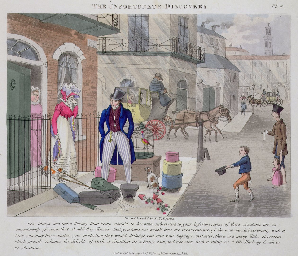 The Unfortunate Discovery, kirjasta "Fashionable Bores, or Coolers in High Life, by Peter Quiz", julkaistu 1824 (käsinvärinen akvatinta) tekijältä Daniel Thomas Egerton