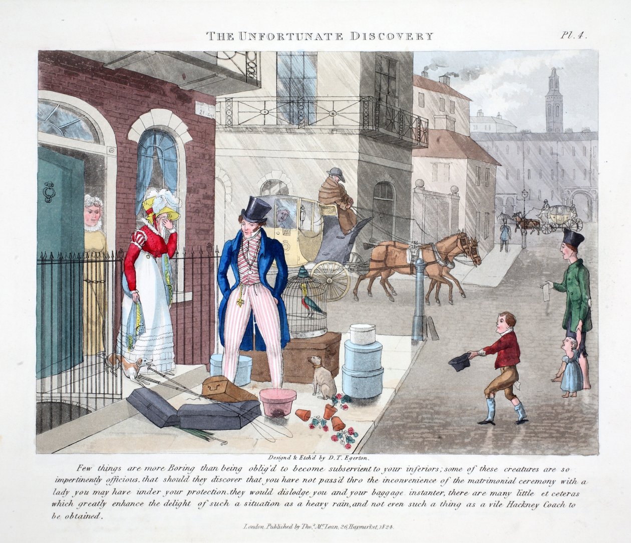 The Unfortunate Discovery, kuvitus Peter Quizin julkaisusta Fashionable Bores or Coolers in High Life, pubi. Thomas McLean, Lontoo 1824 (käsinvärinen kaiverrus) tekijältä Daniel Thomas Egerton