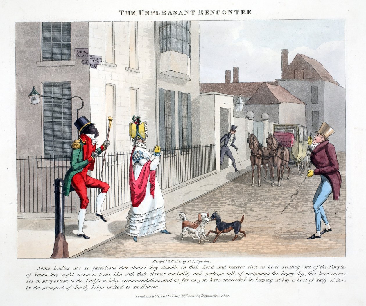 The Unpleasant Rencontre, kuvitus Peter Quizin julkaisusta Fashionable Bores or Coolers in High Life, pubi. Thomas McLean, Lontoo 1824 (käsinvärinen kaiverrus) tekijältä Daniel Thomas Egerton