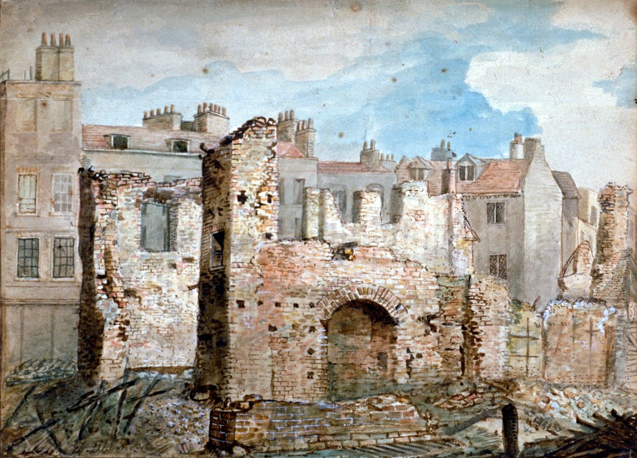 Tulipalossa vaurioituneen rakennuksen rauniot Bear Yardissa, Westminsterissä, Lontoossa, 1809. tekijältä Daniel Thorn