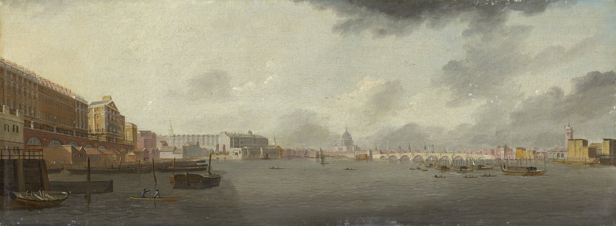 Näkymä Thames-joelle katsoen itään ja Adelphi, Somerset House ja Saint Paulin katedraali, n. 1806 tekijältä Daniel Turner