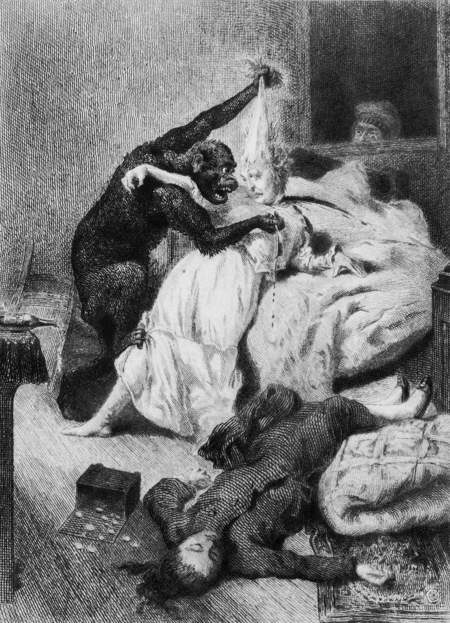 Edgar Allan Poen (1809-49) "Murhat Rue Morguen murhapaikalla" -teoksen kuvitus, kaiverrettu Eugene Michel Abot