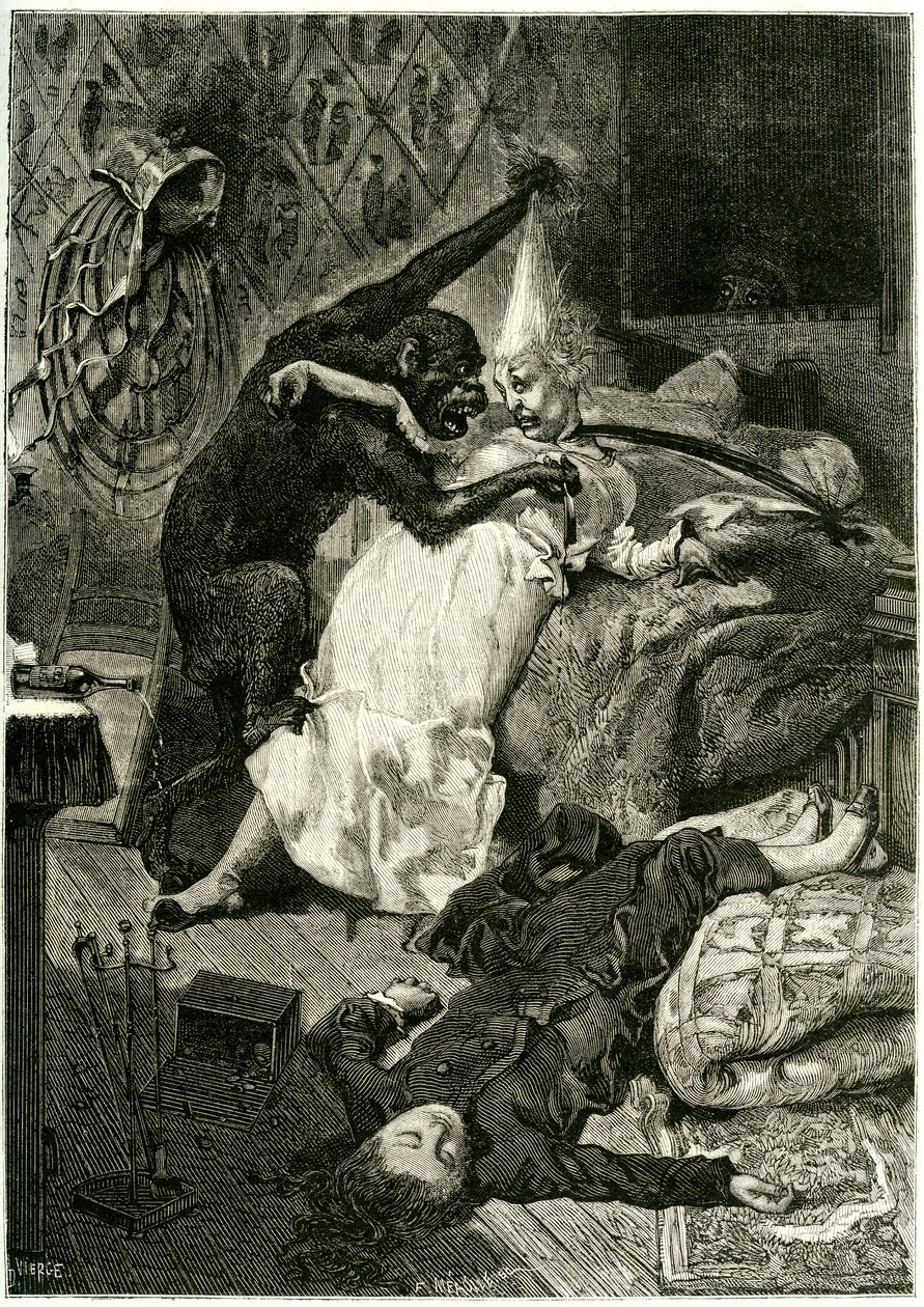 Kuvitus Edgar Allan Poen teokseen "Murhat Rue Morguen murhapaikalla". tekijältä Daniel Urrabieta (after) Vierge