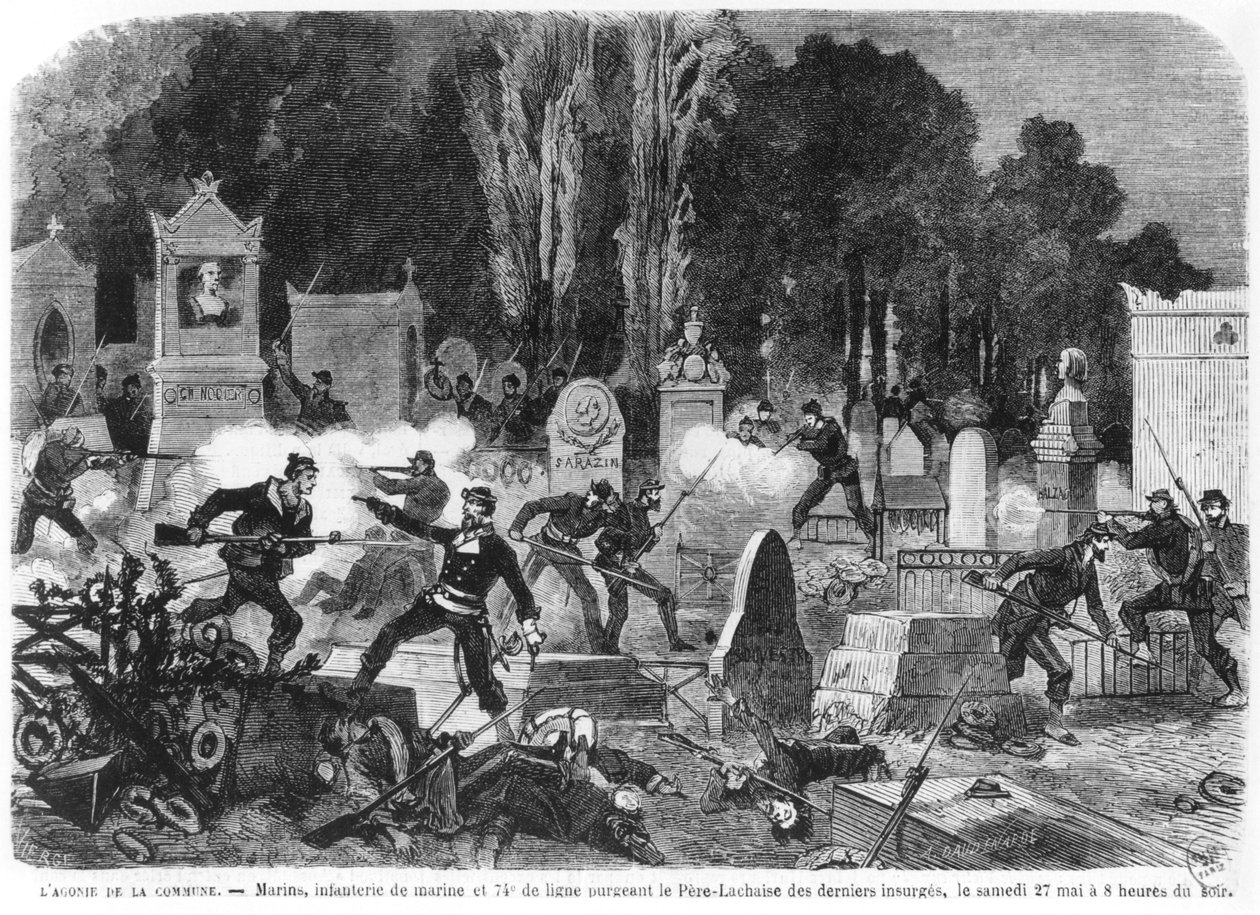 Kommuunin tuska, viimeiset taistelut Pere Lachaisen hautausmaalla, kaiverrettu Louis Joseph Amedee Daudenarde (k.1907) kuva Le Monde illustresta, 27. toukokuuta 1871 tekijältä Daniel Urrabieta Vierge