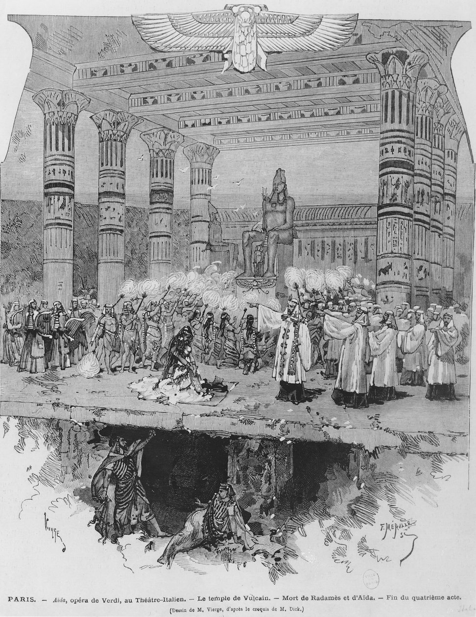 Vulcanin temppeli Radamesin ja Aidan kuolemalla, kohtaus Giuseppe Verdin (1813-1901) Aidan IV näytöksestä, Fortune Louis Meaullen kaiverrus, 1871 tekijältä Daniel Urrabieta Vierge