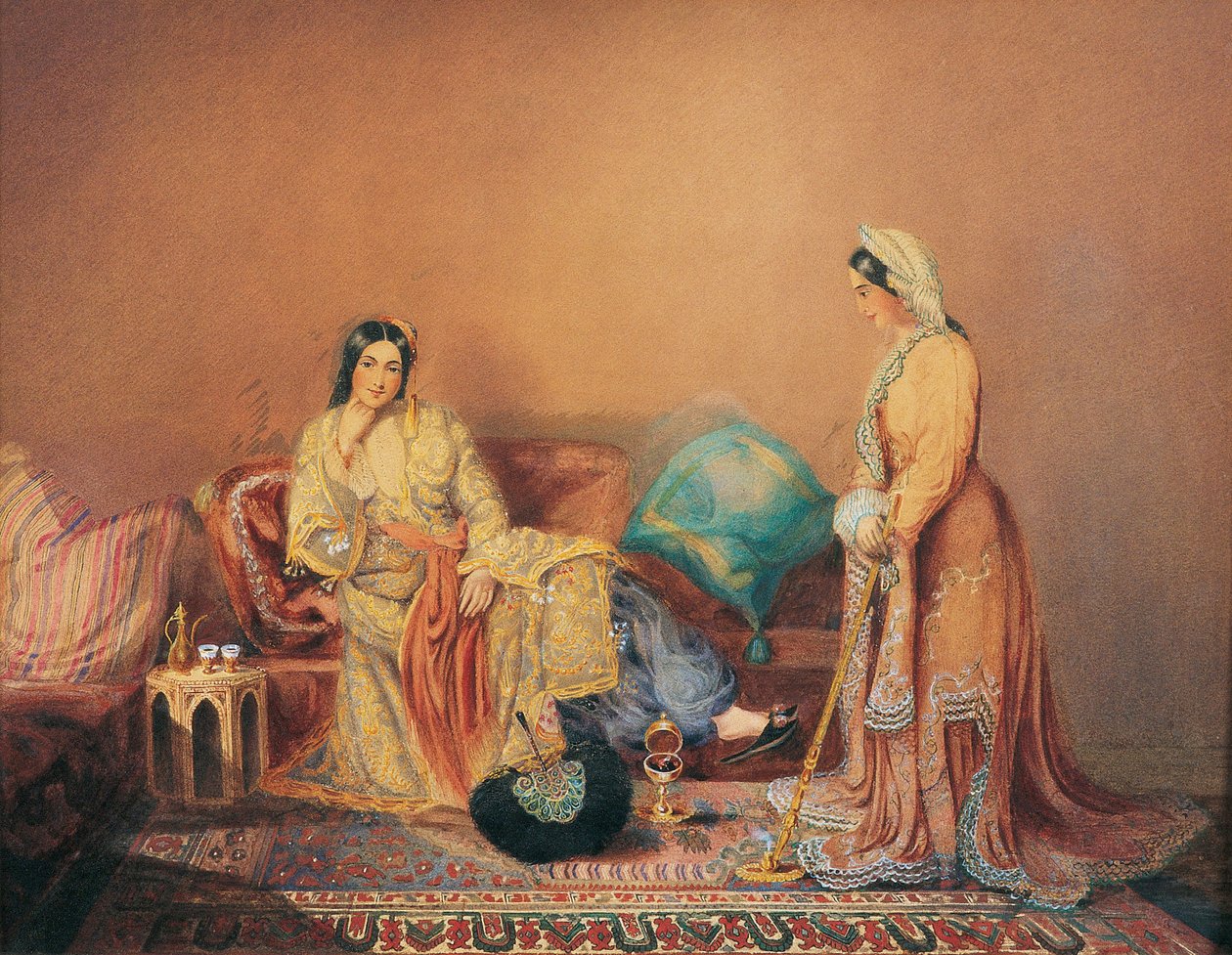 Dames Phanariotes (varakkaiden kreikkalaista alkuperää olevien kauppiaiden populaatio, joka asuu Konstantinopolin Phanarin alueella) (Phanariot Greek Ladies) - Daniel Valentine Rivieren (1780-1854) maalaus, sekatekniikka puulevylle, 1800-luvun puoliväli, 3 tekijältä Daniel Valentine Rivière