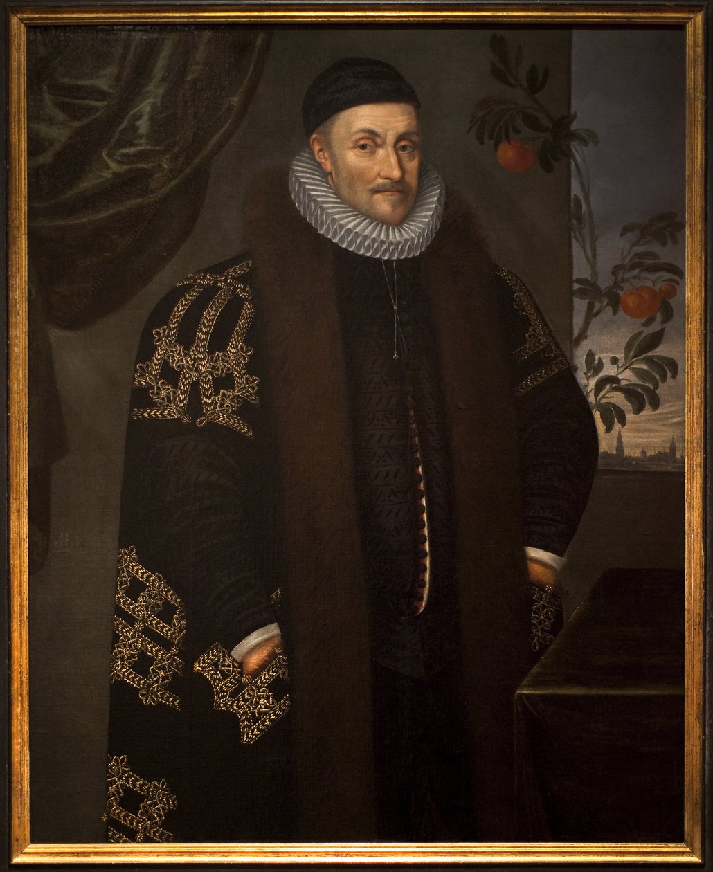 William (Willem tai William) Orangesta (1533-1584). Guillaume de Nassau, Orangen prinssi, joka tunnetaan hiljaisena Guillaumena, Orange Nassaun perustaja, kuvattu Delftin kaupungin edessä (Alankomaat). 1600-luvulla appelsiinipuu, perheen symboli tekijältä Daniël van den Queborn