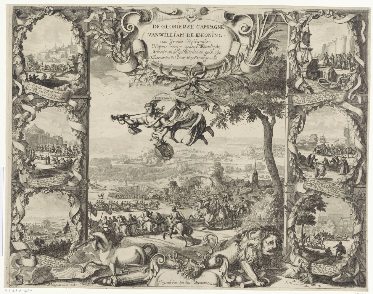 Kuningas Vilhelm III:n voitot Irlannissa (yläpuoli), 1690 Ison-Britannian kuninkaan William III:n kunniakas kampanja Neffens Tapahtui joitakin liittoutuneiden ja konfederaation ikimuistoisimmista toimista vuonna 1690 (otsikko tekijältä Daniel de Lafeuille