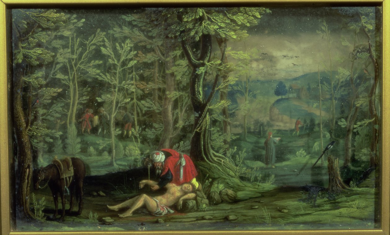 Laupias samarialainen (öljy lasille ja kiillelle) tekijältä Daniel the Younger Bretschneider
