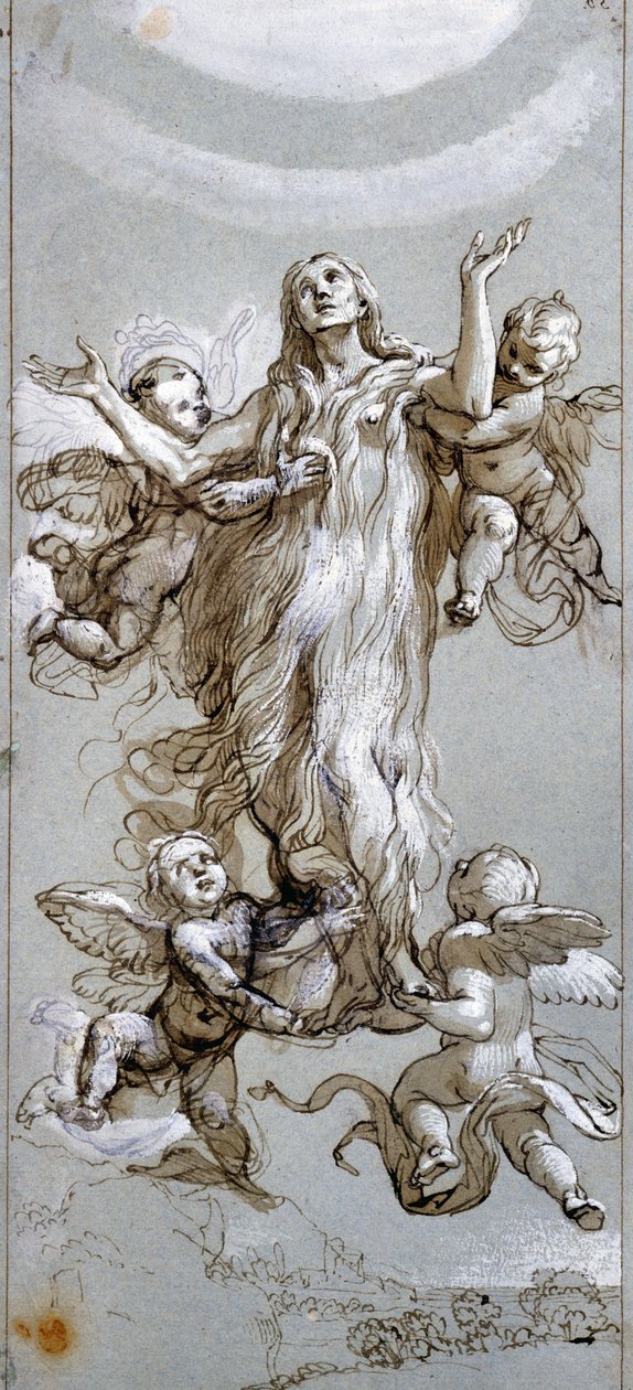 Pyhän Maria Magdaleenan taivaaseenastuminen enkelien ohjaamana piirustus Daniele Crespi (1598-1630) 1600-luvun Madrid, Prado-museo tekijältä Daniele Crespi