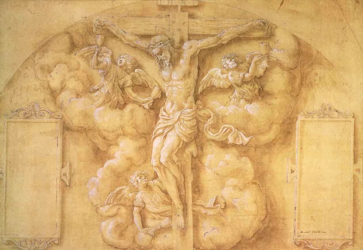 Ristiinnaulitseminen, 1547 (kynä, korotettu valkoisella paperilla) tekijältä Daniele da Volterra