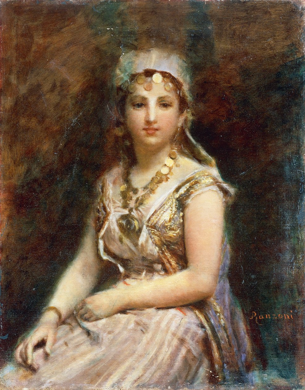 Figura femenina asseguda, de Daniele Ranzoni (1843-1889), oli sobre tela, 57,5x46 cm finlandès tekijältä Danielle Ranzoni