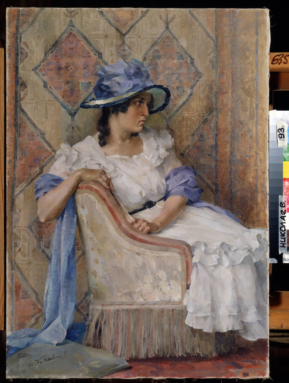 Nainen valkoisessa (Nainen valkoisessa). Danill Karpovich Kraynevin (1872-1949) maalaus, öljy kankaalle, moderni venäläinen taide, 1800-luvun loppu - 1900-luvun alku. Alueellinen W. Wereshchaginin taidemuseo, Mykolaiv (Ukraina). tekijältä Danil Karpovich Kraynev