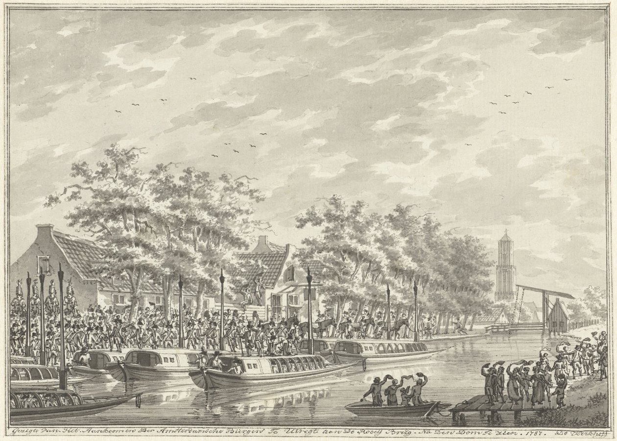Amsterdamilaisten saapuminen Utrechtiin, 1787 Näkymä Amsterdamin kansalaisten saapumisesta Utregtiin De Rooy Brugiin. Den Domin jälkeen nähdä. 1787. (otsikko esineessä) tekijältä Daniël Kerkhoff