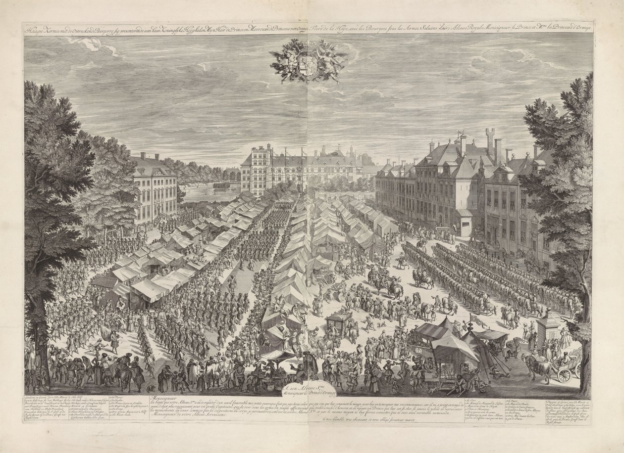Haagin messut Orangen prinssin ja prinsessan kanssa, 1686 Haagin messut nousevilla hampurilaisilla esittelemässä hänen kuninkaallisille korkeuksilleen herrani prinssi ja rouva oranssin prinsessa / Foire de la Haye, avec les bourgois sous les armes, sa tekijältä Daniël Marot (I)