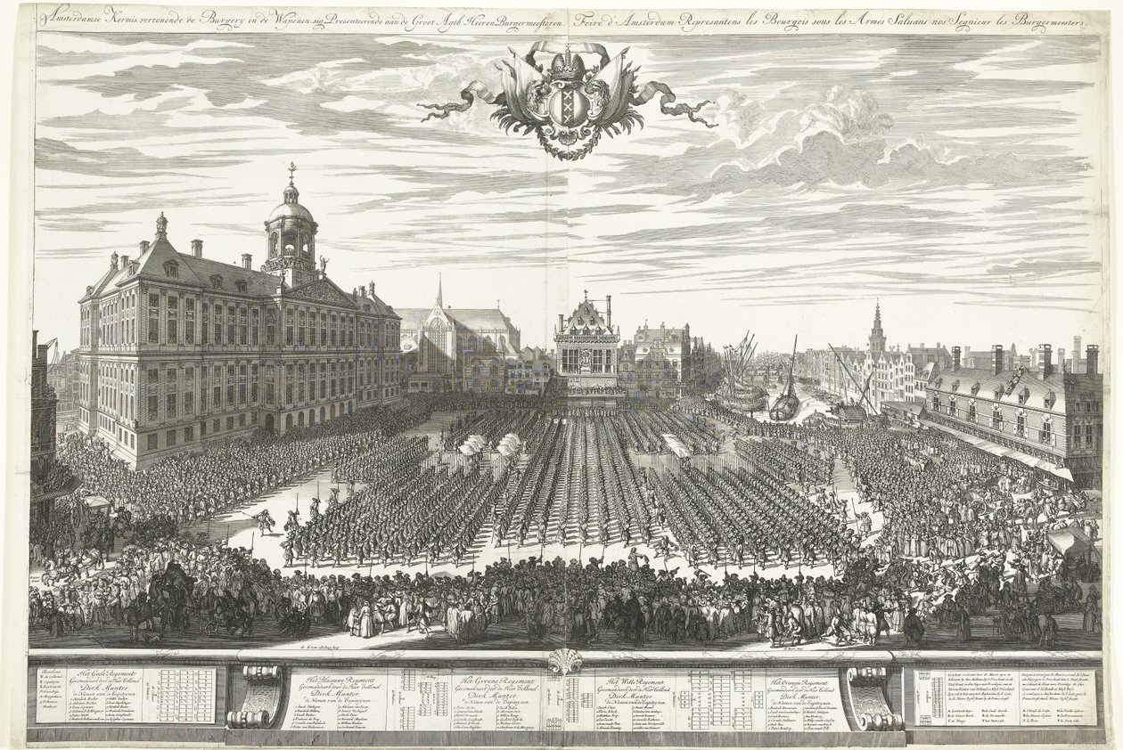 Asemiehiä Dam-aukiolla Amsterdamin messujen aikana 1686 Amsterdamin messu, jossa esitetään Burgery in the Weapons, sig Esittelyssä aaen de Groot Agtb: Heeren Burgermeesteren (otsikko esineessä) Foire d