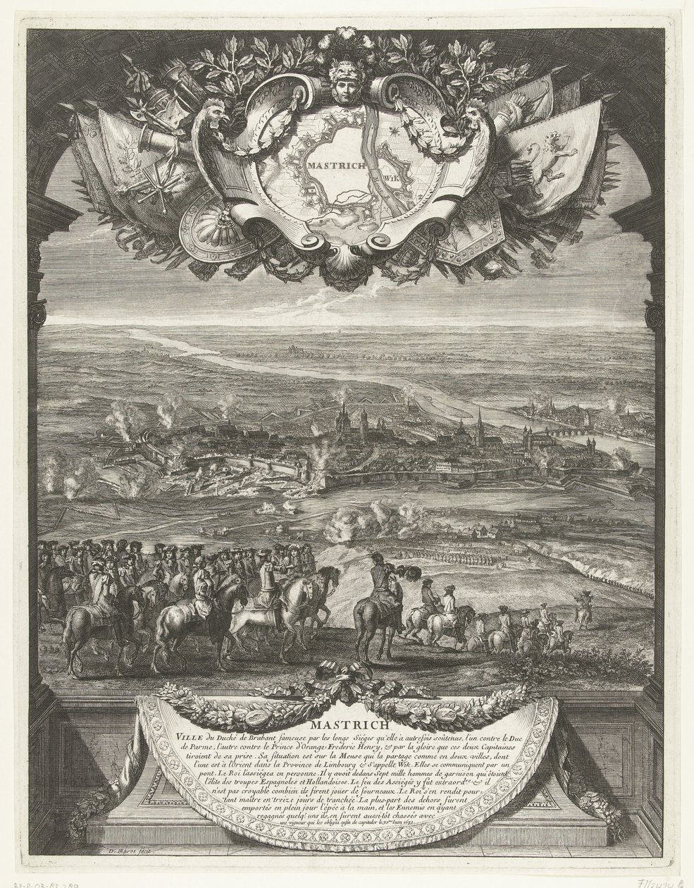 Ranskalaiset valloittivat Maastrichtin 30. kesäkuuta 1673 Mastrich (otsikko esineessä) Grandes Conquêtes du Roi (sarjan nimi) tekijältä Daniël Marot (I)