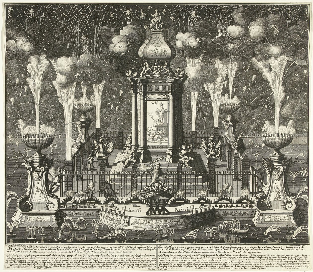 Ilotulitus Utrechtin sopimuksen kunniaksi 1713 Tilaajan van Haar Edin pystyttämä kuva teatterista synkronisoinneilla ja ilotulitusvälineillä. Groot Mog: Heeren Staten van Holland ja West Vriesland (...) Haagissa, vyverissä ( tekijältä Daniël Stopendaal