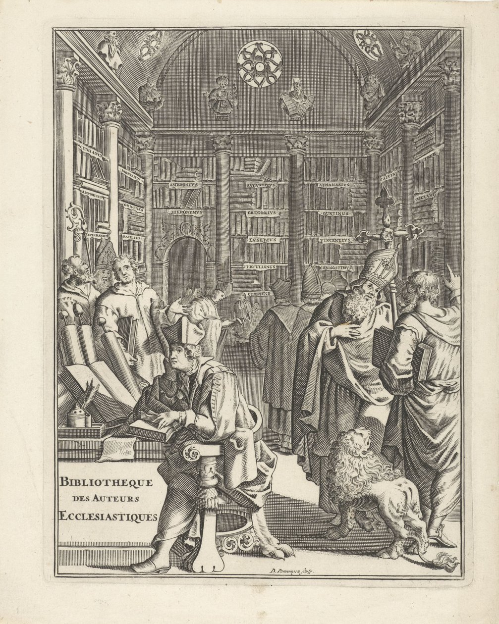 Interior de la biblioteca amb el clergat Portada per a: Bibliotheque des Authors Ecclesiastiques, sense final d