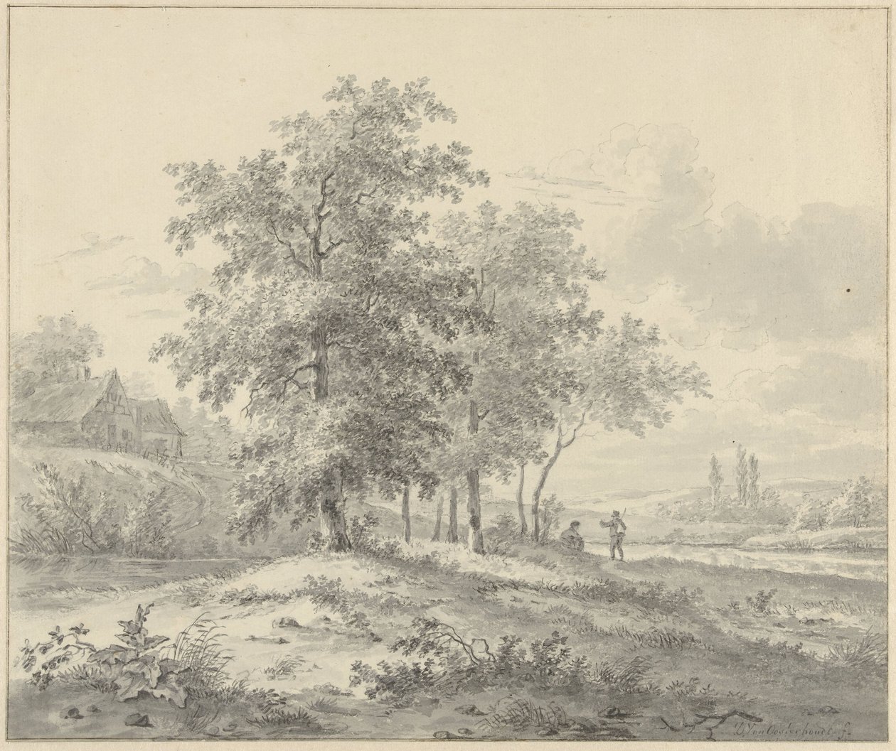 Maisema kahdella hahmolla puiden alla tekijältä Daniël van Oosterhoudt (possibly)