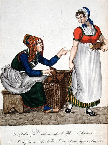 Fishwife Skovshovedista myy kalaa Kööpenhaminassa, 1800-luvun alussa (väri litho) tekijältä Danish School