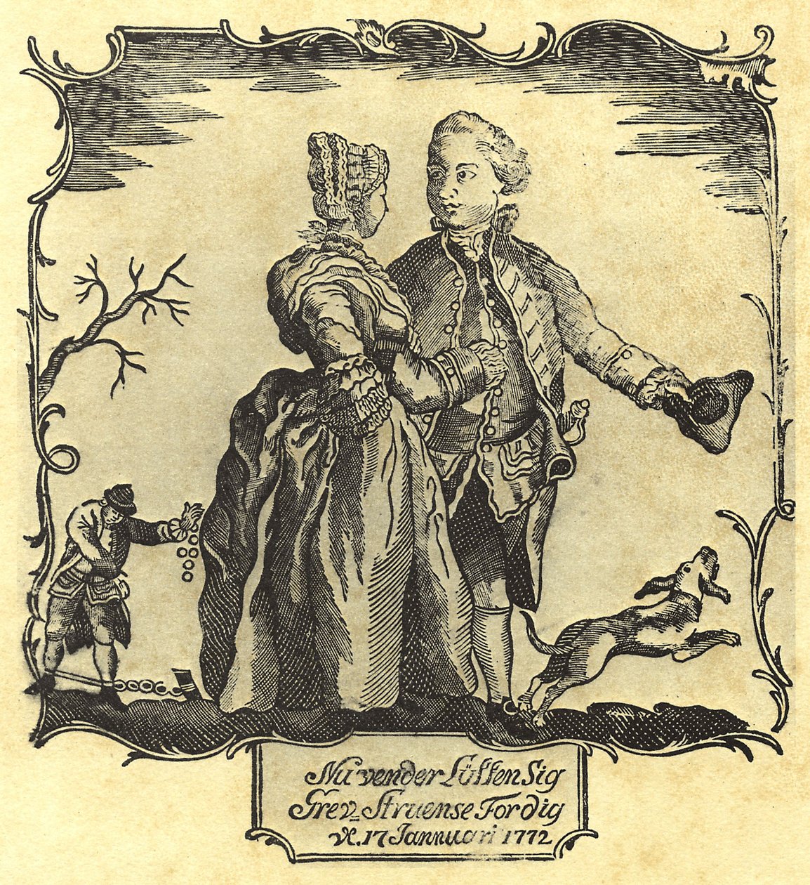 Onni kääntyy puolestasi, kreivi Struensee! 1772 (puupiirros) tekijältä Danish School