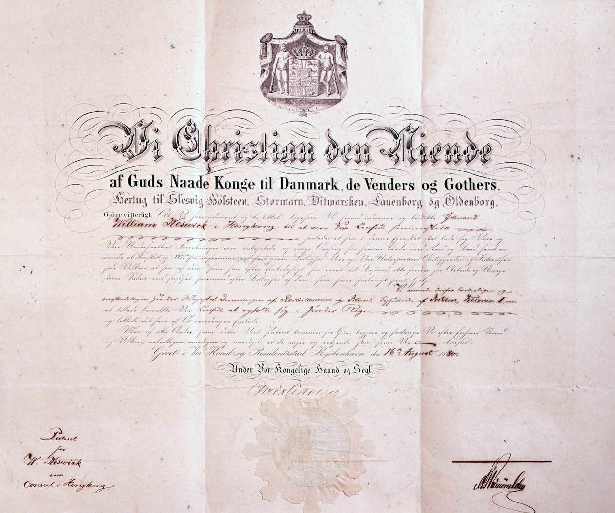 Tanskalaisen Christian IX:n allekirjoittama patentti William Keswickin nimittämisestä Tanskan konsuliksi Hongkongiin, Kiinaan, 1880 tekijältä Danish School