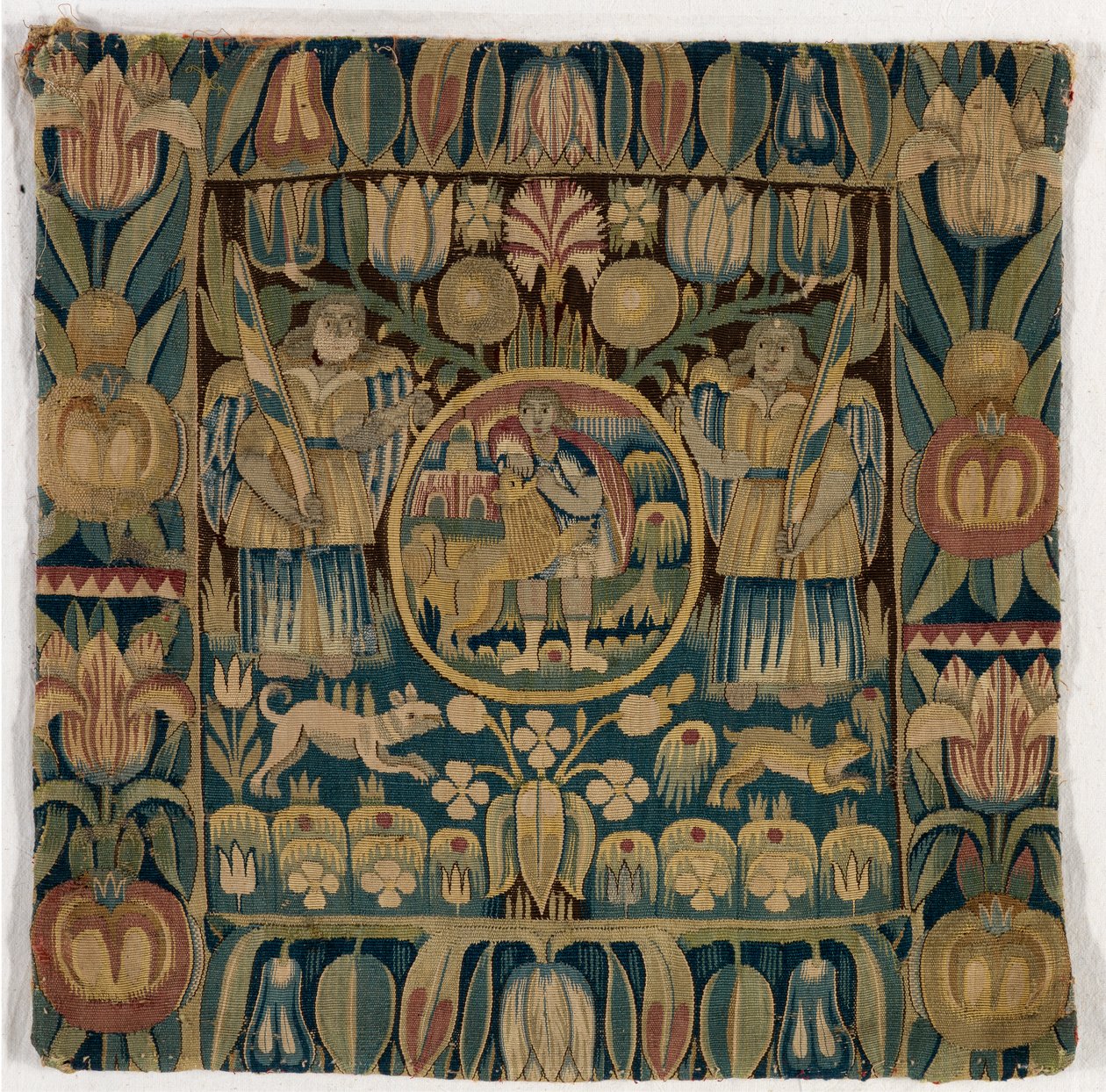 Samson Slaying the Lion -kuvioinen tyynynpäällinen, valmistettu Schleswig-Holsteinissa, Tanskassa, n. 1615 (villa) tekijältä Danish School