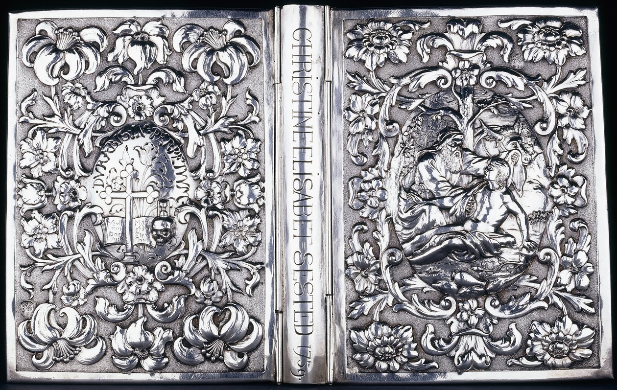 Kirjan ylä- ja alakansi lehtineen ja laupias samarialaisen kuva, 1740 tekijältä Danish School