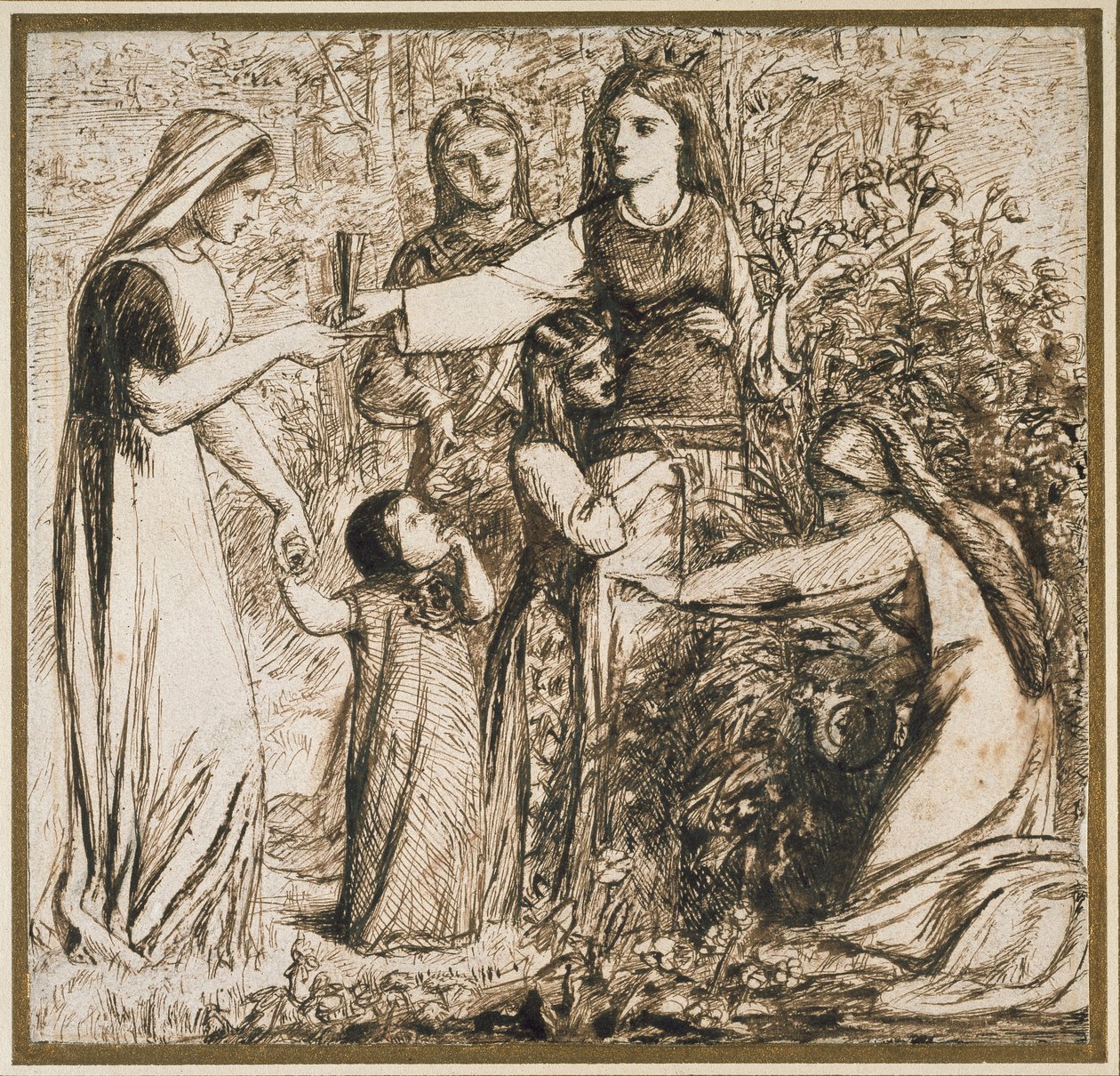 Danten visio Matildasta keräämässä kukkia, 1855 (kynä ja ruskea muste luonnonvalkoiselle paperille) tekijältä Dante Gabriel Charles Rossetti