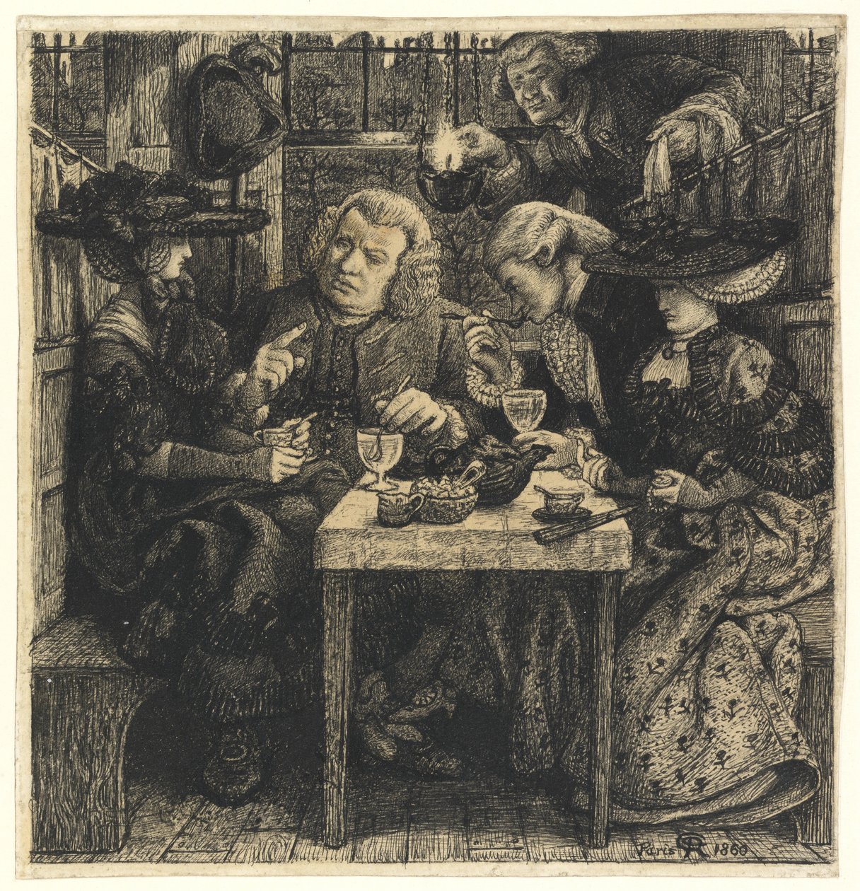 Dr. Johnson Mitressa, 1860 (kynä ja musta muste paperille) tekijältä Dante Gabriel Charles Rossetti