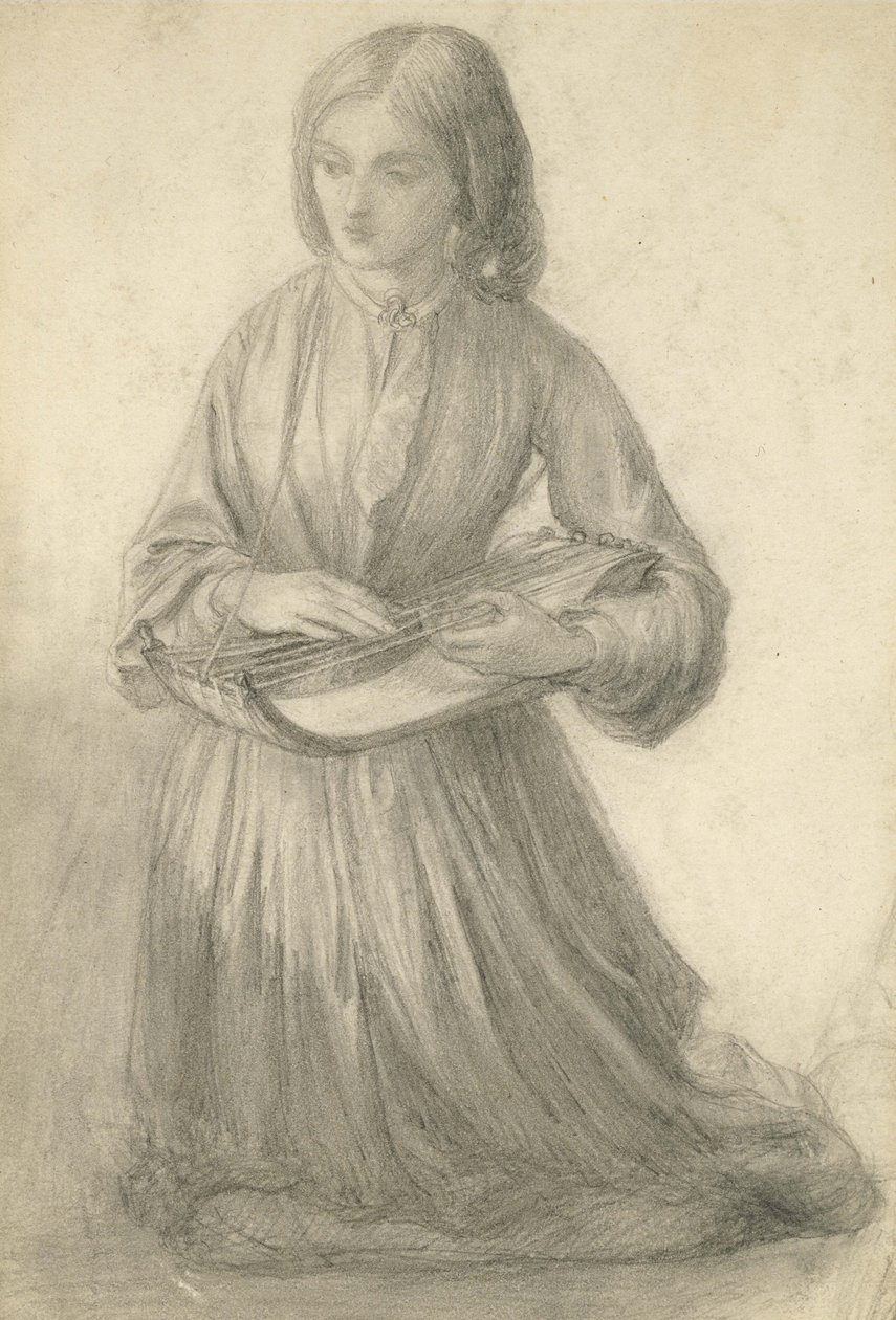 Elizabeth Siddal soittaa kielisoitinta, n. 1852 (grafiitti luonnonvalkoiselle paperille) tekijältä Dante Gabriel Charles Rossetti