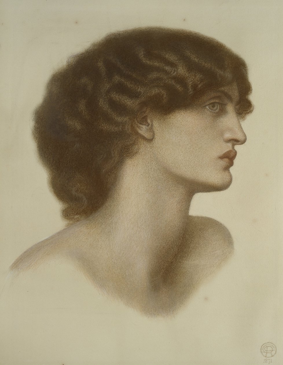 Perlascura, 1871 (punaiset ja ruskeat liidut, korostettu valkoisella, vaaleanvihreällä paperilla) tekijältä Dante Gabriel Charles Rossetti