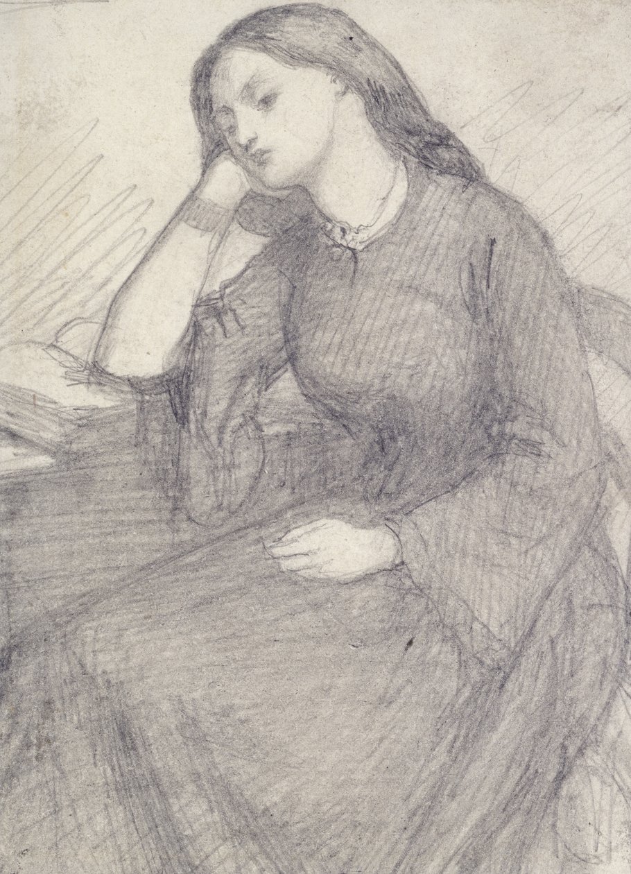 Elizabeth Siddalin muotokuva istumassa (grafiitti paperille) tekijältä Dante Gabriel Charles Rossetti