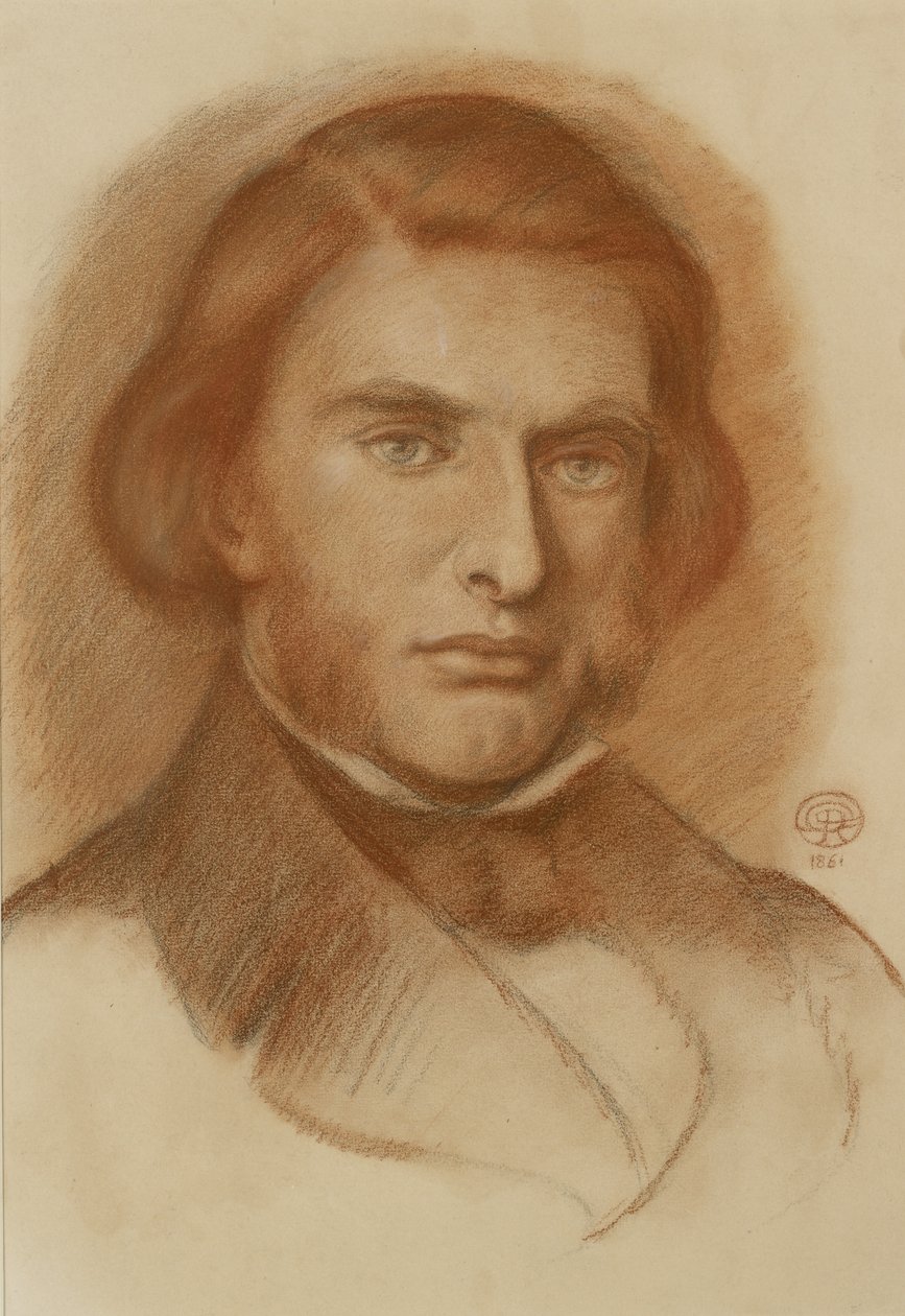 John Ruskinin muotokuva, 1861 (punainen ja vähän mustaa liitua) tekijältä Dante Gabriel Charles Rossetti